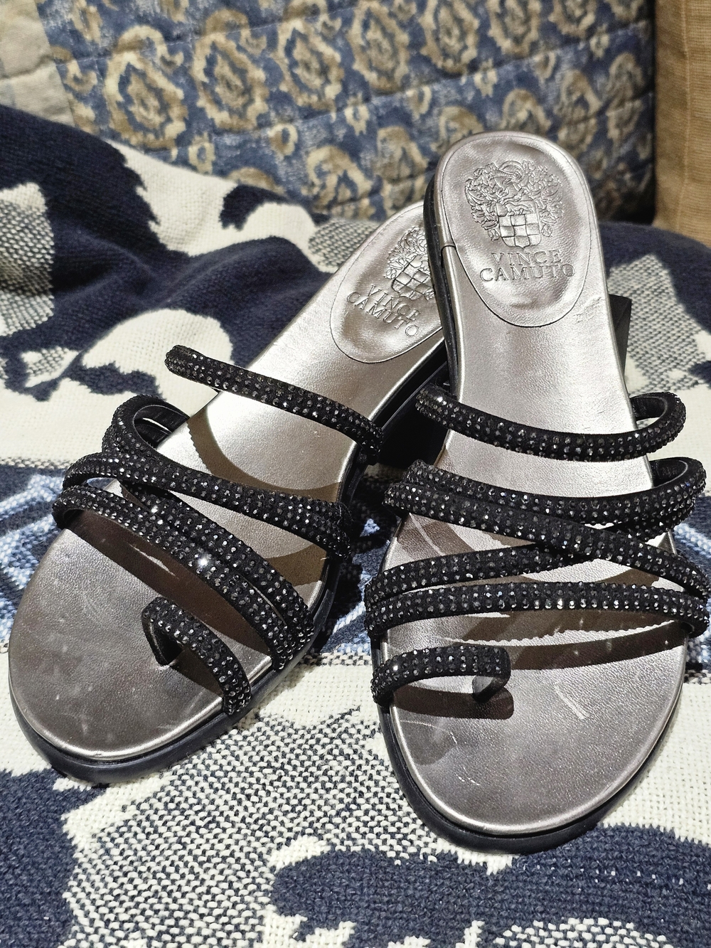 Vince Camuto Black Crystal-Strap Slide Sandals, NWT